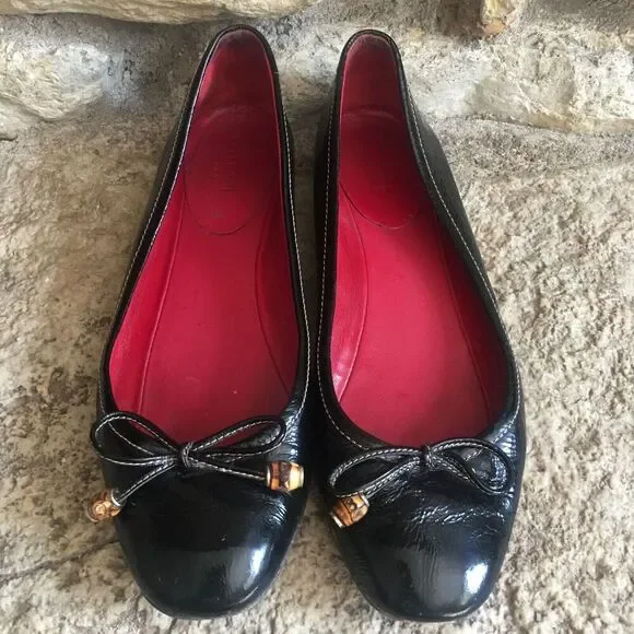 GUCCI Black Patent Leather Ballet Ballerina Flats Shoes Tie Bow Bamboo Toggle 35 - Picture 2 of 7
